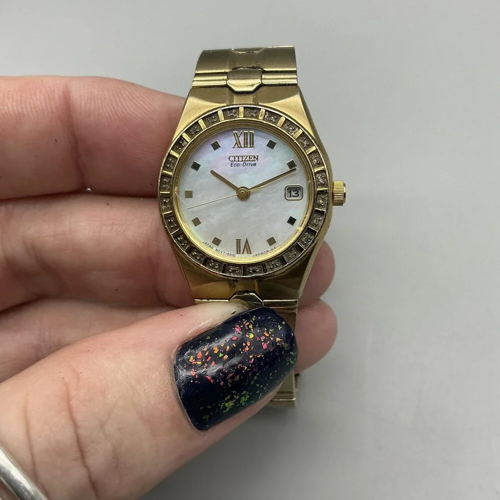 Citizen Eco-Drive Womens Watch 24mm Gold Tone E010-S008646 MOP Crystals 6